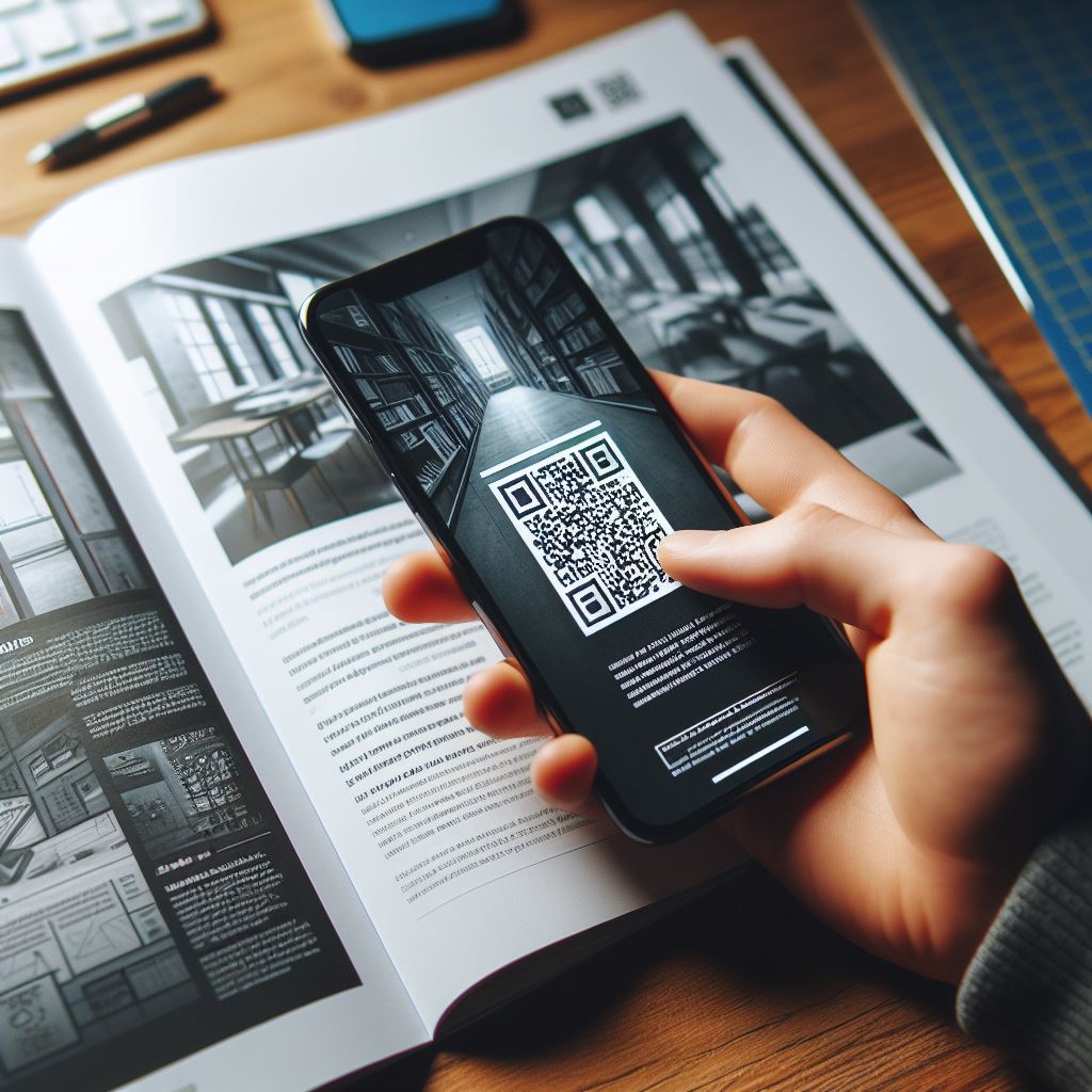 A-close-up-shot-of-a-smartphone-held-in-a-hand-scanning-a-QR-code-printed-on-a-brochure.