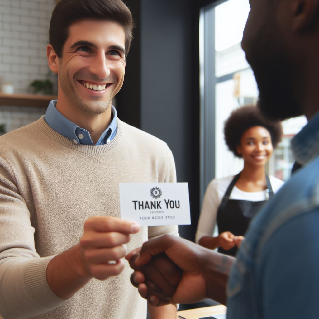 A-business-owner-smiling-and-handing-a-printed-thank-you-card-with-a-company-logo-to-a-satisfied-black-customer-who-is-leaving-the-store