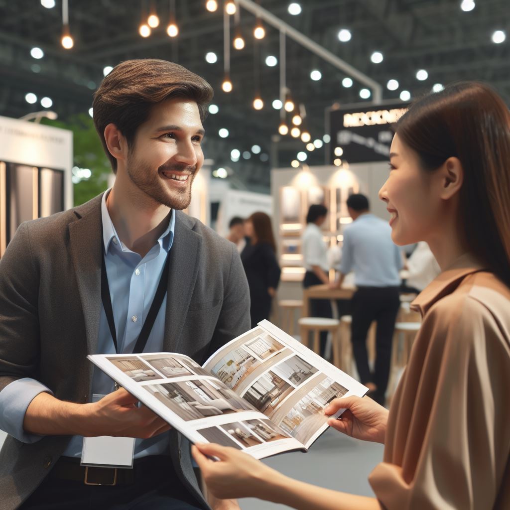 A friendly salesperson interacting with a customer. The customer is holding a product catalog with high-quality images and detailed descriptions.